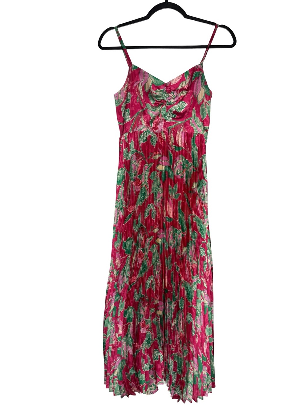 Caballero Donna Raspberry Floral Dress XS Pleated Midi Ruched Romantic Resort